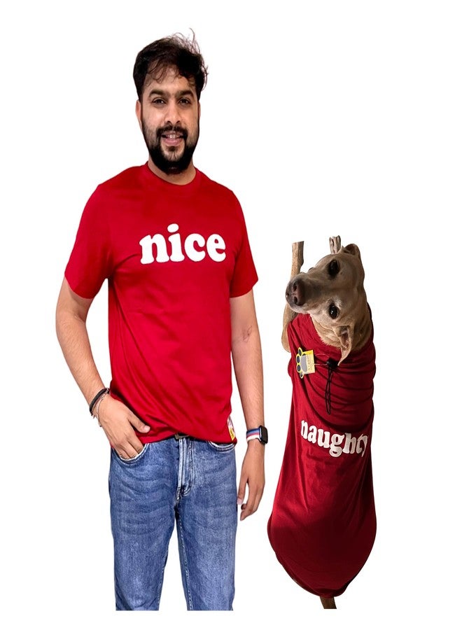 A+a Pets' Graphic Printed Premium T-Shirt for Human(Unisex) 'Nice' & Pets(Dog & Cat) 'Naughty' | Half Sleeve Round Neck Costumes | Cotton (RedH - RedP) (Human - M, Pet - XXL, RedH & RedP) - Image 1